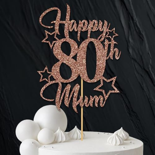 Glitter Birthday Cake Topper for Mum with stars, Birthday Cake Topper, Party Decorations, Party Supplies, 40, 50, 60, 70,80, 90 Many colours (80th, Rose gold (20cm))