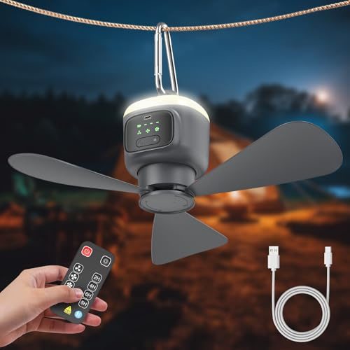 Fan da soffitto con illuminazione da campeggio, ricaricabile, ventilatore da soffitto con luce e telecomando, USB, timer, adatto per camera da letto, terrazza, ombrellone, officina, gazebo, tettoia