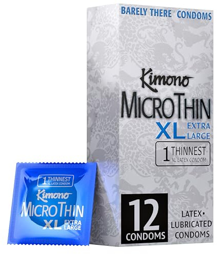 Kimono MicroThin XL Pack of 12 - Ultra Thin Lubricated Condoms, Natural Latex, Vegan-Friendly, No Latex Odor, Extra Thin, Widest-Base - Enhanced Sensitivity