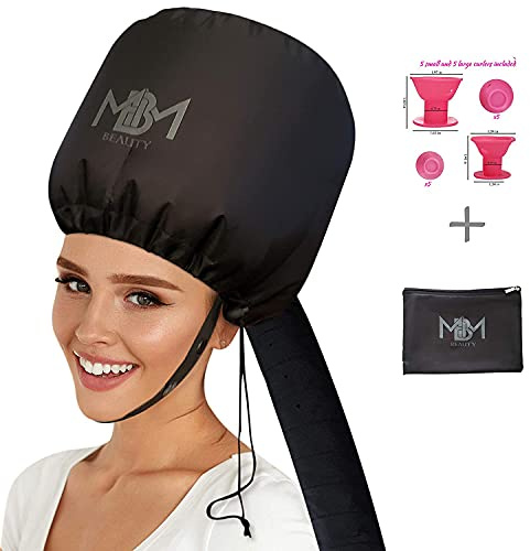 Bonnet Hair Dryer Attachment-W/ 10 Silicone Hair Curlers-Extra Large Adjustable Soft Hooded Hair Dryer Bonnet With Extra Long Hose For Drying,Styling,Curling&Deep Conditioning Fits All Head&Hair Sizes