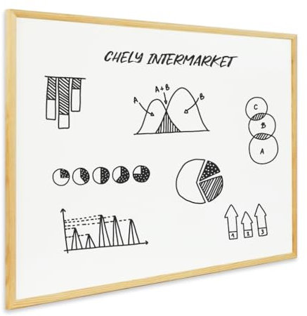 CHELY INTERMARKET Pizarra Blanca Esmaltada 50X70 CM NO Magnética Marco Madera Incluye Rotulador Borrador Kit Colgar Tablero Oficina Escuela Reuniones Presentaciones Dibujos Planificación