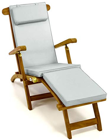 Nexos Trading DIVERO Liegestuhl eleganter Deckchair Florentine Steamer Chair Teakholz Liegenauflage mit Kopfteil mit 4 Segmenten wasserabweisend Bezug abnehmbar mit Reißverschluss (grau)
