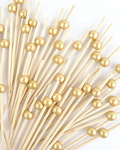 Palillos de bambú para aperitivos, 200 unidades, 4.7 pulgadas | Brochetas de bambú con acabado dorado para servir aperitivos y aperitivos.