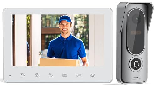 JeaTone Videoportero 4 Hilos,Pantalla IP de 7,Vista en Vivo y Conversación,Desbloqueo por Monitor Interior,12 Tonos de Llamada,1080P Timbre con Cámara,Visión Nocturna,IP65 Impermeable