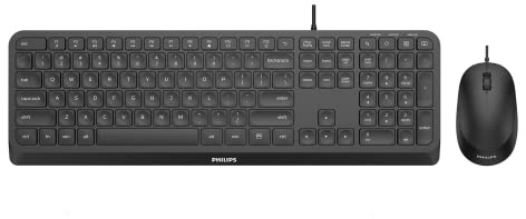 Philips SPT6207BL - Juego de Teclado y ratón con Cable USB 2.0, diseño ergonómico y Sensor de 1200 dpi, clics silenciosos, para usuarios diestros y Zurdos, Compatible con PC, Mac, Color Negro