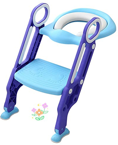 Toilettensitz für Kinder, faltbar, höhenverstellbar, Toilettenstuhl Toilettenaufsatz für Babys, mit breiten, rutschfesten Stufen, gepolsterter Toilettensitz, bequem – Blau + Violett