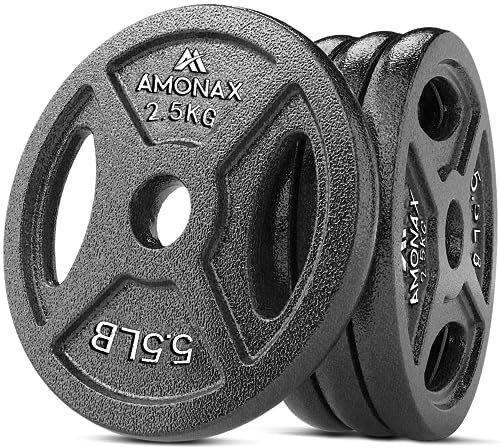 Amonax Cast Iron Weight Plates Set, 2.5kg, 5kg, 10kg Dumbbell Plates for 1 Inch Weight Bars, Metal Barbell Plates for Weight Lifting Hip Thrust, Steel Weight Plates (1Inch 2.5KG x 4 | Tri-Grip)