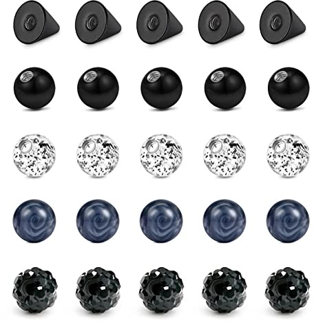 Funseedrr 25 Stück 14G Piercing Kugeln Set, 5 mm 1,6 mm Schwarz Gewinde Piercing Kugel Edelstahl Ersatzkugel Schraubkugel für Bauchnabelpiercing Zungenpiercing Nippelpiercing Ersatz Piercing Schmuck