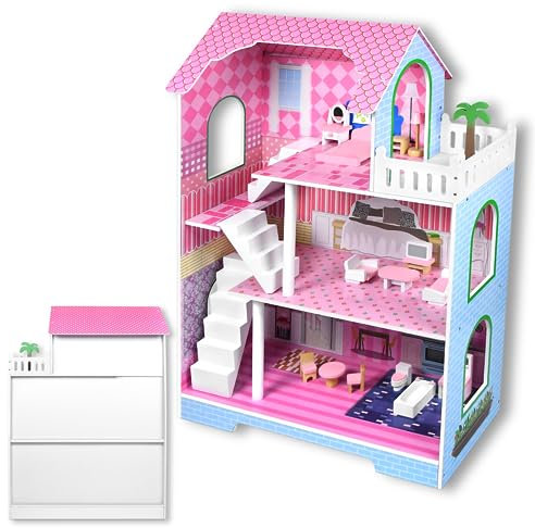 SUBTLETY Puppenhäuser aus MDF Puppenhaus Holz mit 15 Möbeln und Zubehör Dreistöckiges Dollhouse Traumvilla 70x36x100cm Traumhaus Spielzeug mit Schlafzimmer Balkon Treppe für Kinder ab 3 Jahren (Typ B)