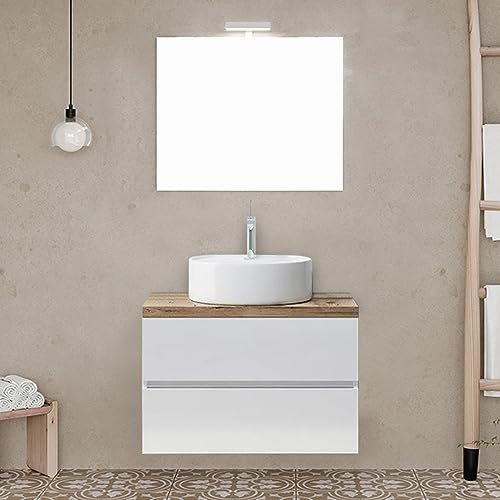 Mobile Bagno sospeso 60 cm Bianco con Top Rovere Naturale per lavabo d’appoggio, 2 cassettoni Soft-Close, Specchio LED Reversibile 60x80 cm, Town
