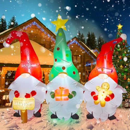 Kalolary 7.4 FT Aufblasbarer Weihnachtsmann Dekorationen, 3 Gnom Weihnachtsschildern Geschenk Lebkuchenmann Aufblasbare Weihnachts Outdoor Innen Dekorationen für Rasen Partys Weihnachtsdekorationen