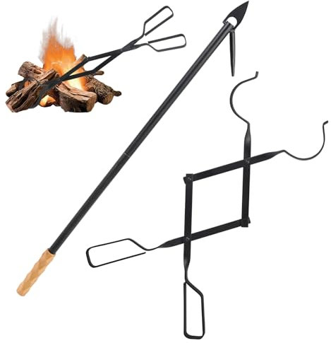 MaxEarn Kamin-Schürhaken und Kaminholzzange, Feuerschürhaken Lang + Feuerzange Klappbar, Feuerschalen-Werkzeuge Set aus Schwerem Metall, für Innenkamine und Lagerfeuer im Freien
