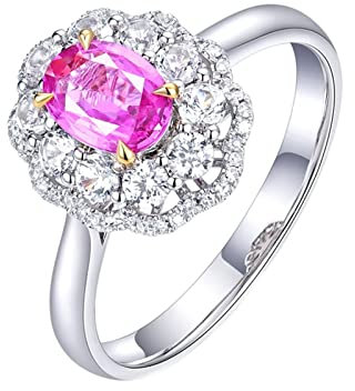 Vorsteckring Gold 750, Ring Damen Verlobungsring Blume 4 Prong Labor Geschaffener Saphir 0.64ct Ovale Form Rosa Eheringe Gr.53 (16.9) 18K Weißgold