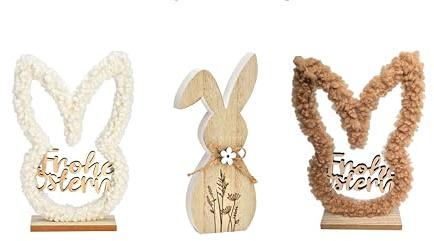Schmucks HOME Osterdeko Aufsteller 3X Osterhase weiß beige Holz Fell Plüsch | Schmucks HOME decona