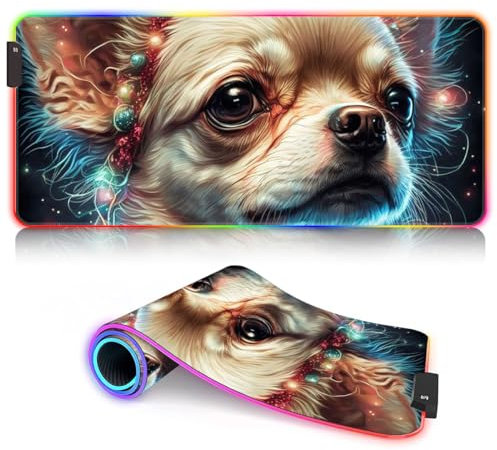 HEYCE Tastatur-Mauspad, Chihuahua-Hund, LED-Stoff, Gaming-Mauspad, ROG, erweitertes großes Mäusepad (60 x 35 x 0,3) cm, genähte Kanten, Tastatur-Pad, Gaming-Mauspad