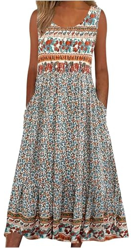 ABYOVRT Sommerkleid Damen Lang Ärmelloses Blumen Midikleid Damen Sommer Strandkleid Lässige Rundhals Kleider Leicht und Luftig mit Taschen,S