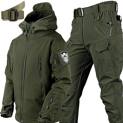 Set de ropa de caza con camuflaje militar con cinturón, chaqueta de hombre de Soft-Shell, pantalones, chaqueta táctica y pantalones de combate, conjunto de traje de combate impermeable del ejército.