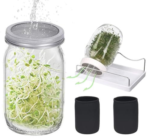 Kit per la germinazione dei semi, 2 barattoli da 950 ml con coperchio in acciaio inox e vassoio di scarico per germogli di semi