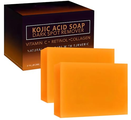 Kojisäure-Seife für Gesicht und Körper, Vitamin C Seifenstück Hyperpigmentierung, feuchtigkeitsspendende Kurkuma-Seife gegen Akne, schwarze Flecken, Mitesser mit Netz-Seifenbeutel (2 Stück)