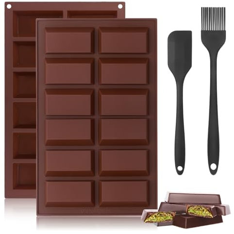 Deep Chocolate Bar Silicone Mould - Set of 2 for 12 Bars With Spatula and Brush, Suitable for Pralines (BPA Free)