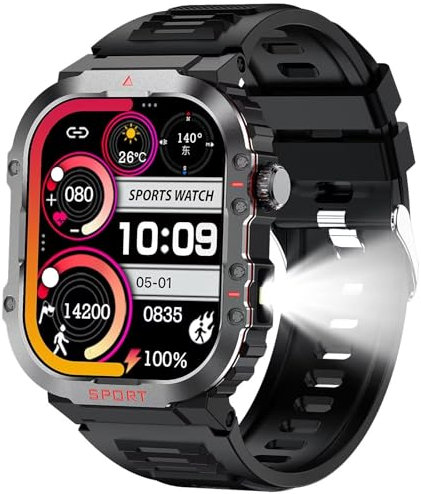 Militär Smartwatch Herren Kompass Taschenlampe Robust Sportuhr mit Telefonfunktion 5 ATM Wasserdicht Uhr Fitnessuhr mit Blutdruckmessung Outdoor Tactical Watch Military Pulsmesser Schrittzähler Sport
