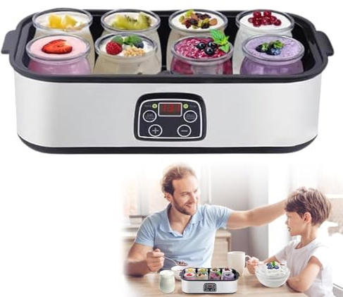  Elektischer Joghurtbereiter, Joghurt Zubereiter,LCD-Display, Joghurt-Maker, Timer & Temperatur-Einstellung, 8 Gläser à 1400 ml, 25 W (A)