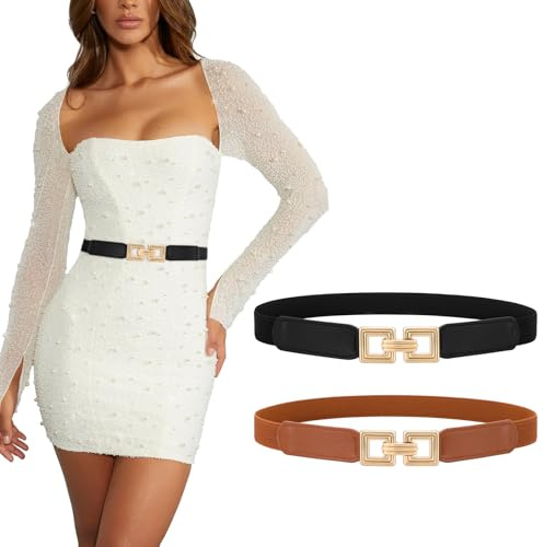 XZQTIVE 2 Pack Women Skinny Stretchy Cinch Belt for Dresses, Thin Elastic Belt Ladies Waist Belt with Retro Gold Buckle (Black+Brown) Fit Waist Size 32-39