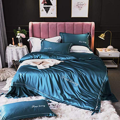Juegos de ropa de cama de seda, cubierta década de seda doble, juego de ropa de cama juegos de tapa nórdica de lujo satén satén suave suave azul marino azul marino de 4 piezas juego de edredón