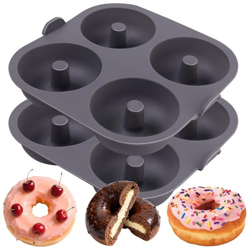 Butabeishy Donut bakform av silikon, 2 stycken non-stick-belagda bakformar för varmluftsfritös, 4 hål per form, 8,5 cm diameter, grå