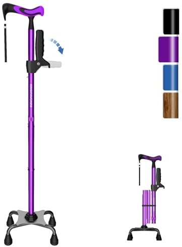 KingPavonini Walking Cane for Women/Men with Second Handle, Foldable & Adjustable Quad Cane with 4-Pronged Base for Standing, Lightweight Walking Aid for Seniors & Adults