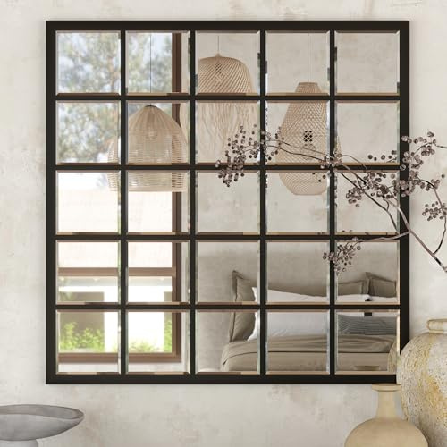 SHYFOY Espejo para ventana, espejo de pared de 69 cm, espejo decorativo para ventana cuadrado de granja con espejos rústicos negros biselados montados en la pared para la entrada del salón