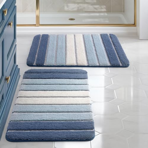 DEXI Bath Mat Sets 2 Piece 40 x 60 cm, Extra Soft Absorbent Microfiber, Non-Slip Washable Rugs for Shower Floor, Bathmat Bathroom Accessories Decor, Blue