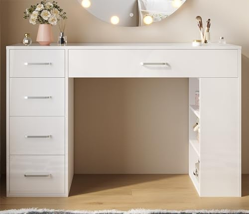 SUNXURY Schminktisch 1200x400 mm, weiß moderner Kosmetiktisch mit 5 Schubladen und 3 offenen Ablagen Großer Stauraum Frisiertisch Schminktisch ohne Spiegel für Mädchen