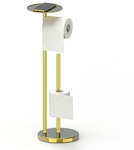 YUET Freestanding Toilet Roll Holders Free Standing Folding Paper Holder Stand Storage Stainless Steel Bathroom, Anti Rust Pedestal Free-Standing Dispenser Holds 5 With Shelf (Gold)