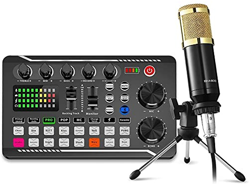 Pqahffowr - Juego de equipos de podcast, micrófono para tarjeta de sonido (120 kHz/24 bits) y afinador de audio profesional para juegos de transmisión
