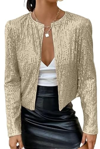 Generico Blazer Corto Estivo con Paillettes da Donna, Leggero, A Maniche Lunghe, Cardigan Aperto sul Davanti, Giacca Lucida con Glitter, Top Bolero per Le Feste, Outfit da Festival, Champagne M
