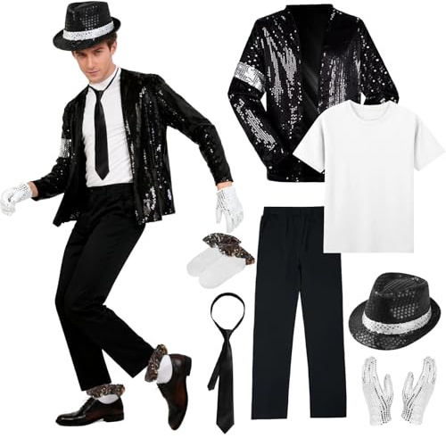 Adults King of Pop Costume, 80s Dancer Rocker Star Cosplay Fancy Dress Costume Accessories with Jazz Sequin Hat Jacket Top Pants Gloves Sock Tie King of Pop for Halloween Carnival 80 Theme Party