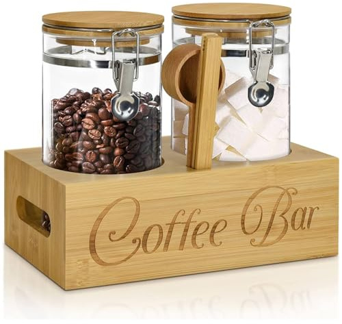 Wotendy Lot de 2 Récipient à Grains de Café de 1,4L avec étagère en bambou & Cuillère, Récipients pour Grains de Café en Verre pour Noix, Snack, Sucre, Thé, Couleur du Bois