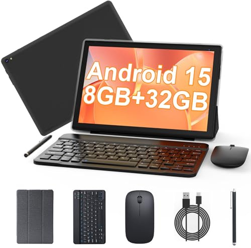 Android 15 Tablet 10 inch, 2 in 1 Tablet with Keyboard, 8GB RAM+32GB ROM Support 1TB Expandable Tablets PC, Quad-Core CPU, HD Screen, BT, WiFi, Long Battery Life Tablets with Case Mouse Stylus, Black