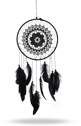 Traumfänger Handgefertigt, Traumfänger mit Federn Dreamcatcher Indischen Dream Catchers Schlafzimmer Wandbehang Dekoration, Geburtstag, Schwarz, 20cm
