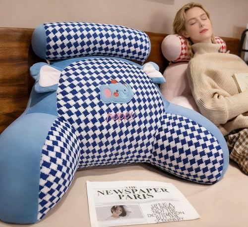LANPEW Lesekissen Rückenkissen Gitter Blau 70x50cm, Baumwolle für Bett Sofa | abnehmbare Nackenrolle waschbarer Bezug atmungsaktiv ergonomisch Rückenstütze Nackenstütze für Erwachsene Gaming