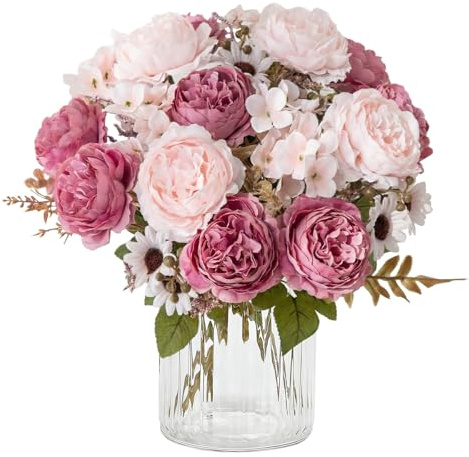 Pfingstrose Künstliche Blumen 4 Bündel Kunstblumen Wie Echt Blumenstrauß | Künstlich Blumenstrauß Rosa Seidenblumen Kunstblumen Faux Hydrangea Rosenstrauß für Hochzeit Partei Küche Tisch Dekor