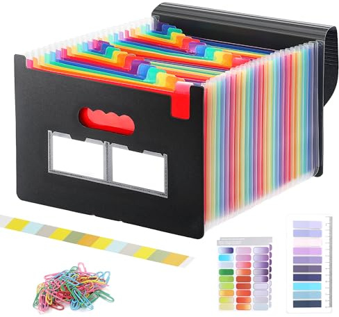 Expanding File Folder, 24 Pockets A4 File Organiser | Portable Accordion Document Filing Box, Monthly Bill Receipt Document Organiser, with Labels, Tags & Sticker Card and Clips
