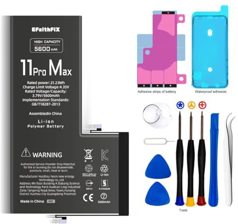 Batterie pour iPhone 11 Pro Max 5600mAh Batterie de Remplacement Haute capacité 0 Cycle avec Kits d'outils de réparation pour modèle A2161, A2220, A2218