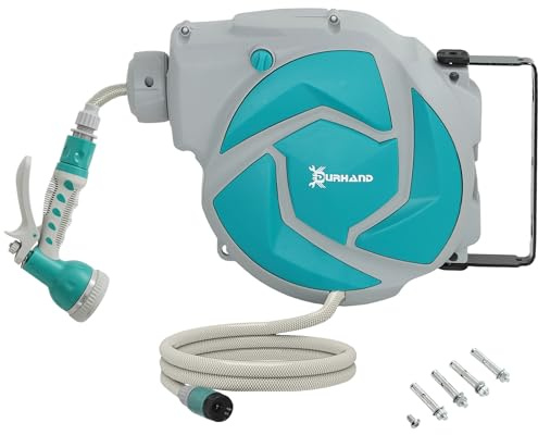 DURHAND Enrollador de Manguera para Jardín 10+1 m de Pared Gris y Verde | Boquilla de 7 Funciones, Carrete de Manguera de Jardín de Pared, Giratorio 180°, Retorno Enrollado Automático