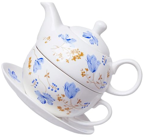 Milisten Ensemble Service à Thé en Céramique Portable avec Petite Théière Bleue Orchidée, Tasse Anglaise et Soucoupe, Résistant la Chaleur, pour Maison, Bureau et Voyage, Coffret Thé