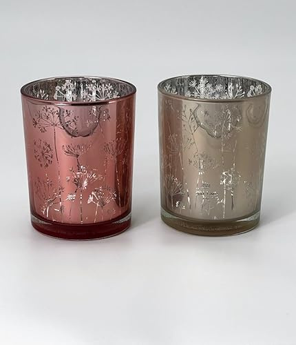 Generisch Windlicht Teelichthalter aus Glas mit Blumen Dekor, Rosa und Creme, 12 cm Höhe, 10 cm Breite, 2er Set