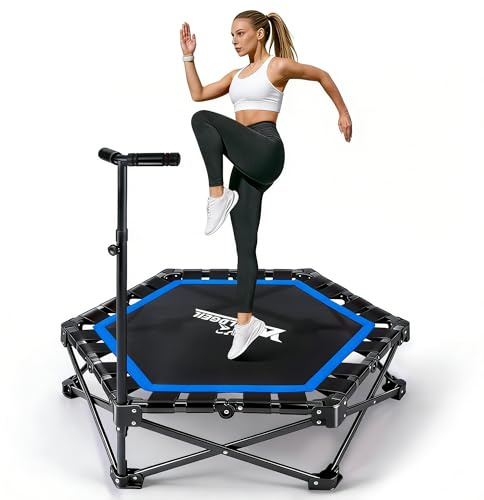 Worldgeil Trampolin Indoor Klappbar - Mini Trampolin mit Höhenverstellbarer Handgriff - Tragkraft 150 kg - Ø 86.5 cm - Jumping Trampolin Fitness für Erwachsene & Kinder - Sport Geräte für Zuhause