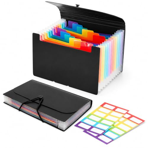 Xanthelle 1er Pack A6 Fächermappe Mini, PP Kunststoff Karteikarten Box mit Bunten Tabs, Schwarz, mit Elastischem Band, für Belege Quittungen Büro