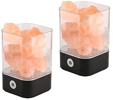 NUZAMAS Juego de 2 lámpara de sal de 5 W, cristal rosa natural, roca terapéutica, pequeño mineral, 12 V, luz USB, dormitorio, oficina, exterior, camping, lámpara de yoga, multicolor (cuadrado negro)